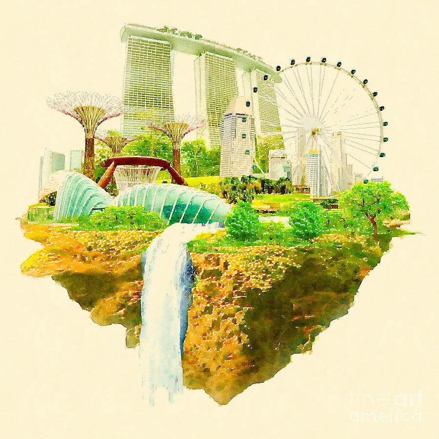 Gouache Digital Art - Watercolor Illustration Singapore Scene by Trentemoller Gouache Digital Art - Watercolor Illustration Singapore Scene by Trentemoller