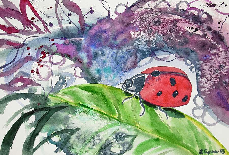 Watercolor - Lady Bug on Leaf Painting by Cascade Colors