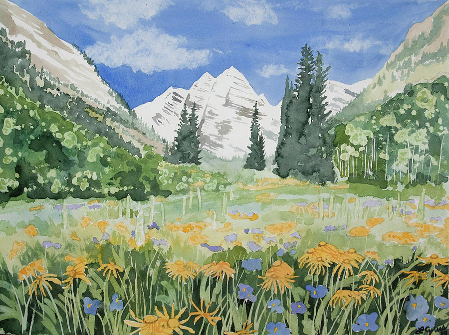 Watercolor- Maroon Bells Summer Landscape Painting by Cascade Colors