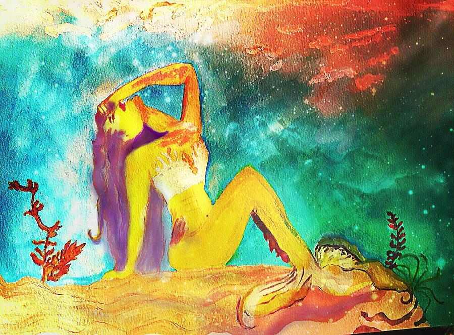 Tiamat, Watercolor Mermaid Goddess Mixed Media by Pamela Smale Williams
