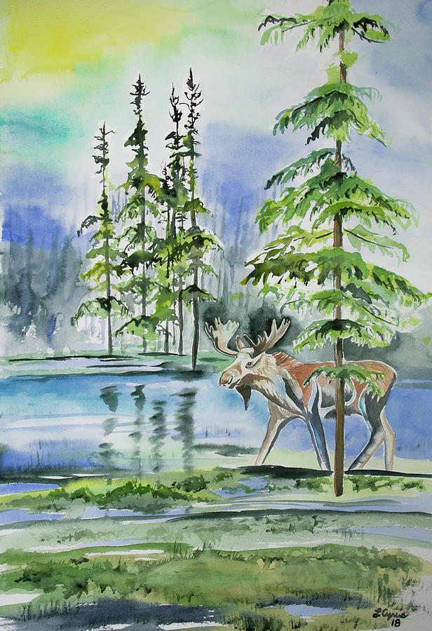 Watercolor - Moose in the Northern Woods Painting by Lynn Cyrus