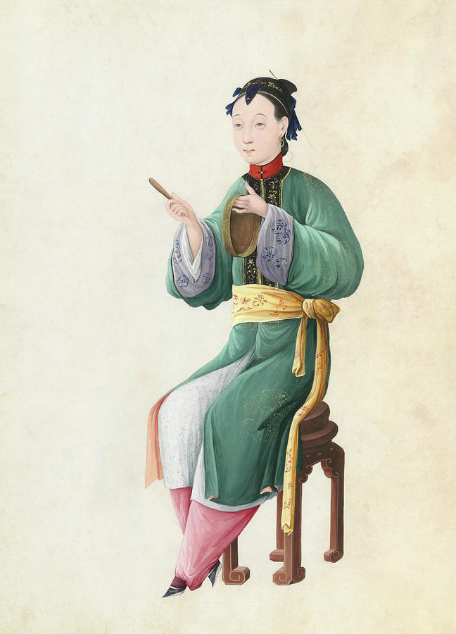 Watercolor of musician playing jiaoluo. Painting by Album