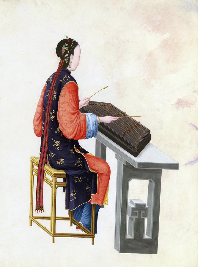 Watercolor of musician playing yangqin. Painting by Album