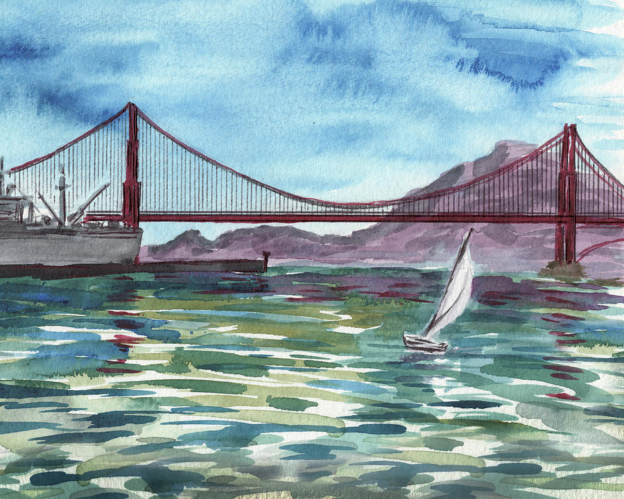 Watercolor Of San Francisco Bay And Golden Gate Bridge Painting by Irina Sztukowski