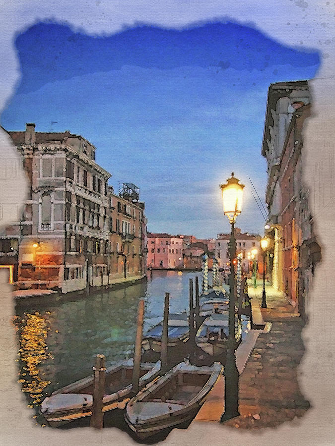 Watercolor Painting Of A Venice Street At Night Canal With