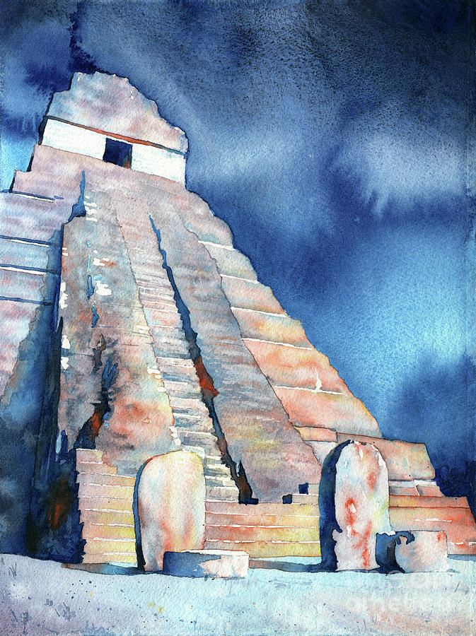 Architecture Painting - Watercolor painting of Mayan temple and stelae at UNESCO World H by Ryan Fox