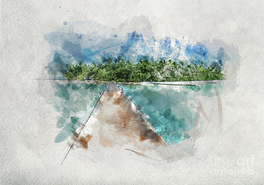 Watercolor painting of wooden jetty in Maldives Photograph by Michal Bednarek