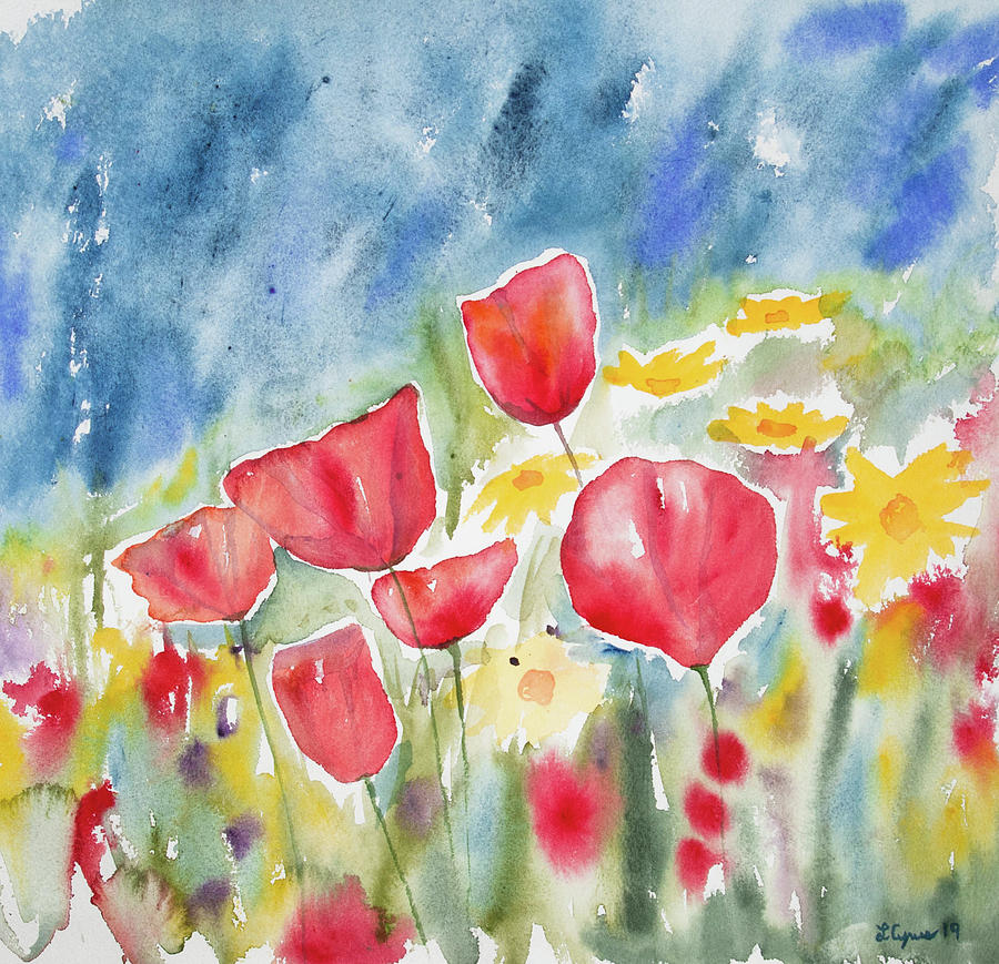 Watercolor - Poppies and Sky Painting by Cascade Colors