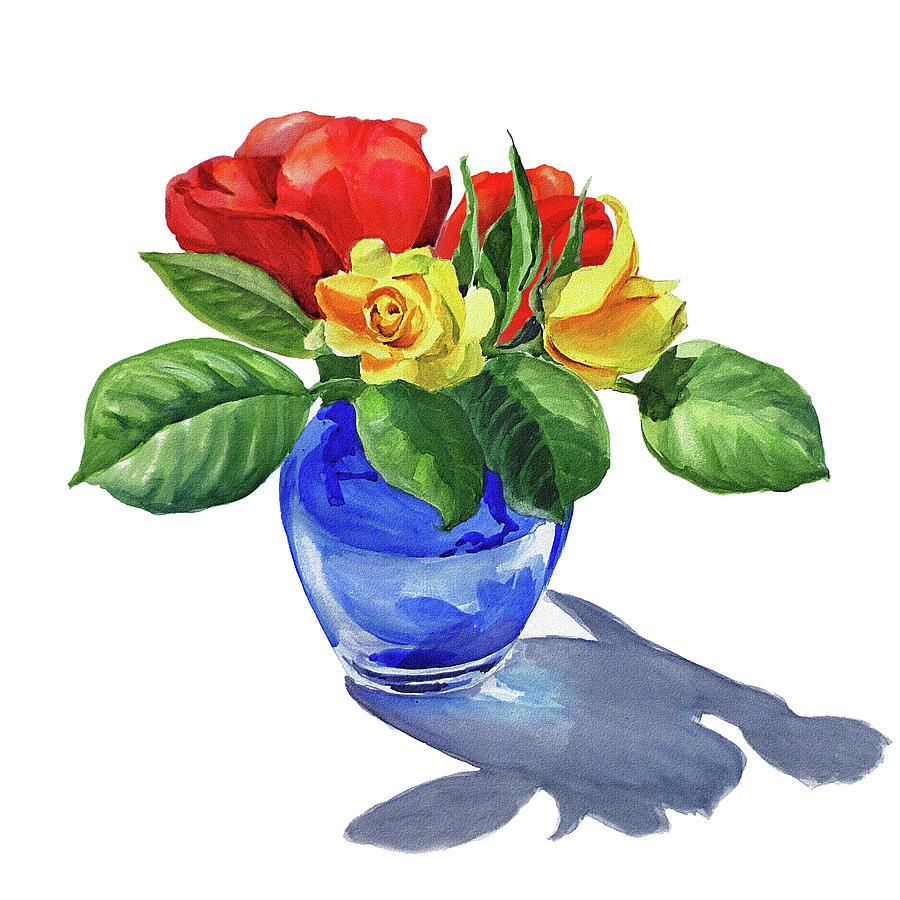 Watercolor Roses In The Blue Vase Painting
