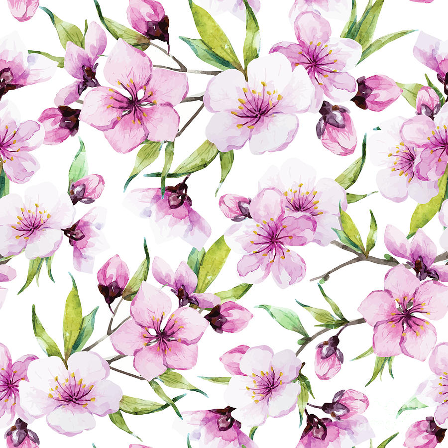 Watercolor Sakura Pattern Digital Art by Zenina