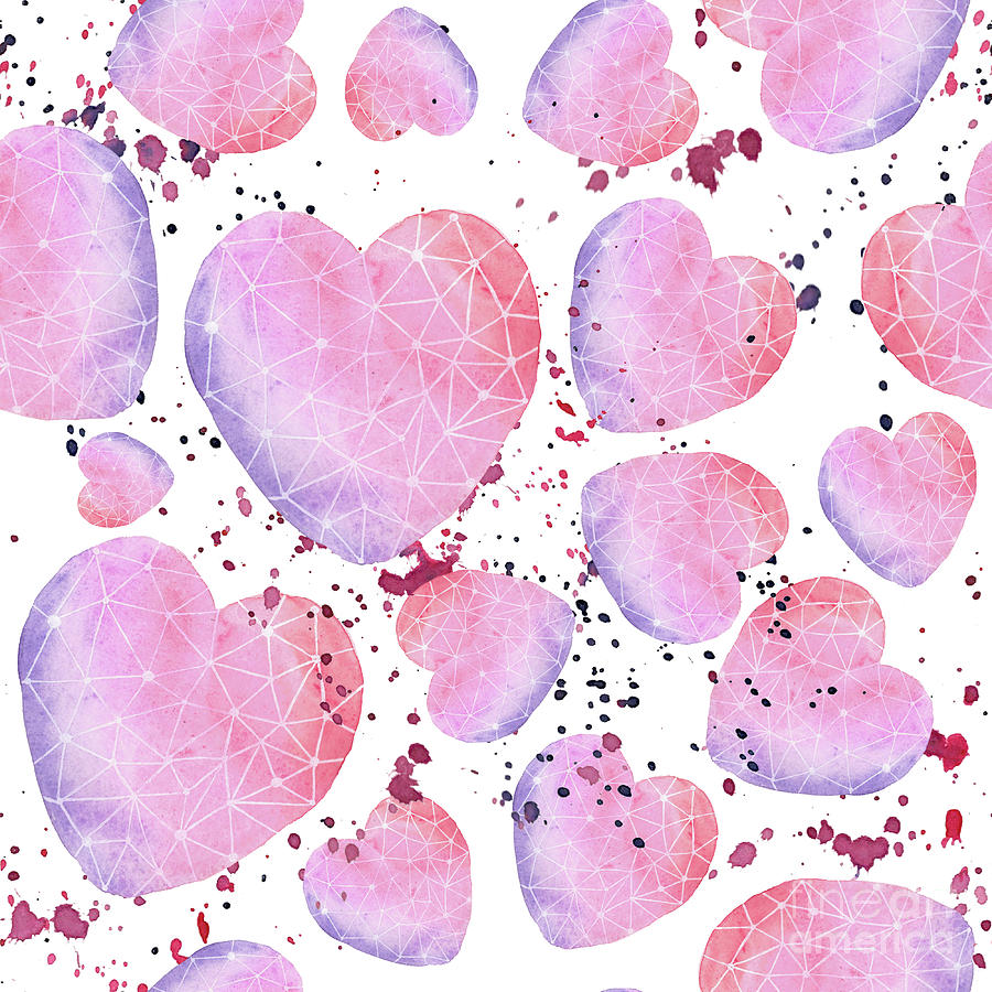 Watercolor Seamless Pattern With Gradient Hearts With White Line 