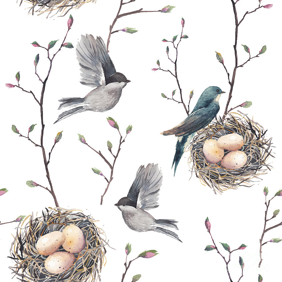 Small Digital Art - Watercolor Seamless Pattern With Nest by Eisfrei Small Digital Art - Watercolor Seamless Pattern With Nest by Eisfrei