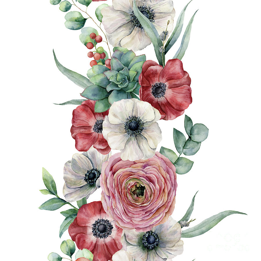 Watercolor Seamless Vertical Floral Digital Art by Yuliya Derbisheva