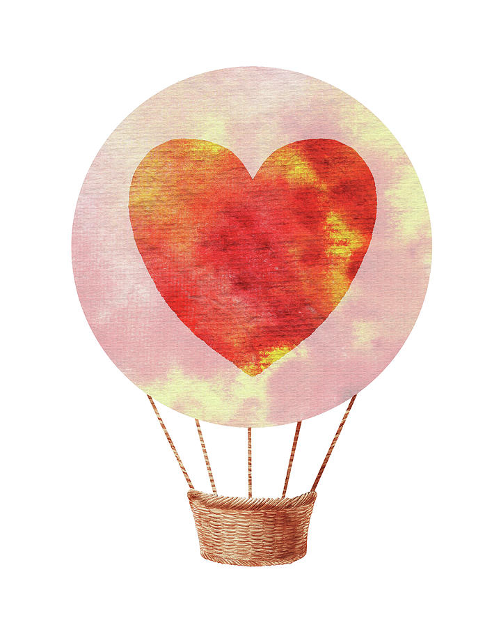 Watercolor Silhouette Hot Air Balloon With Heart II Painting