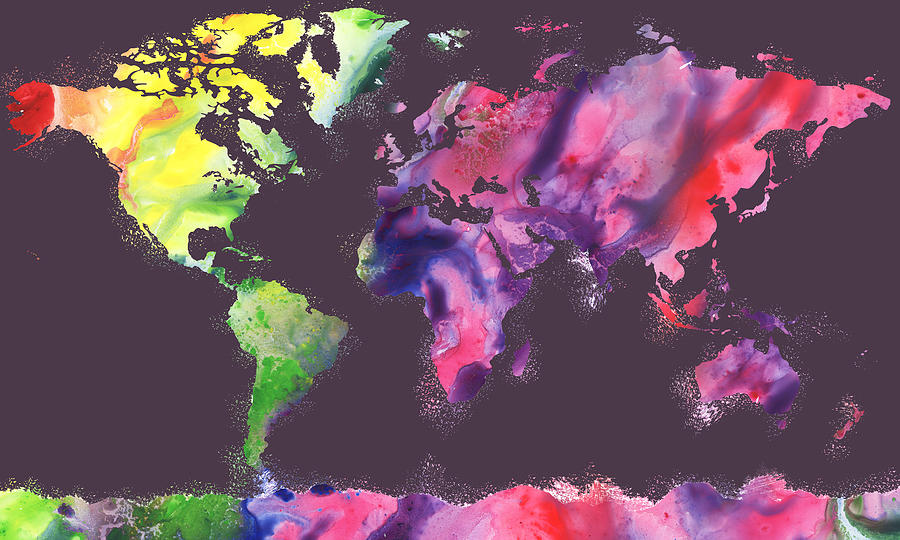 Watercolor Silhouette World Map Colorful PNG XIV Painting by Irina Sztukowski