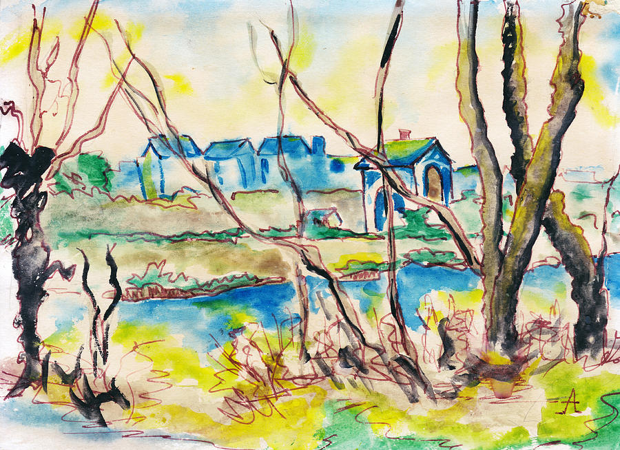 Watercolor spring landscape with trees, river and country by Elena Sysoeva