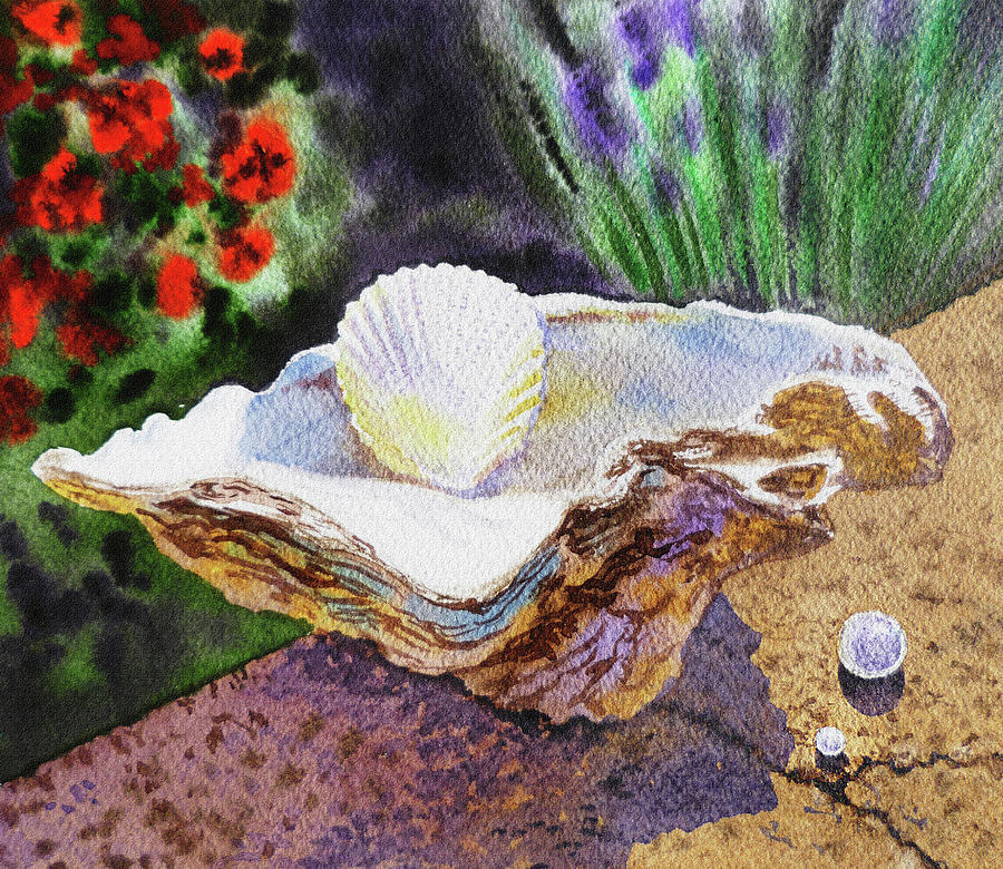 Watercolor Still Life With Shells And Pearls Painting