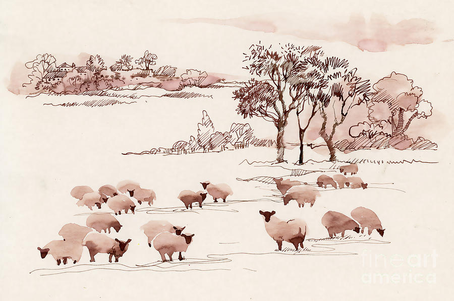 Milch Digital Art - Watercolor Summer Landscape With Sheep by Kostanproff Milch Digital Art - Watercolor Summer Landscape With Sheep by Kostanproff