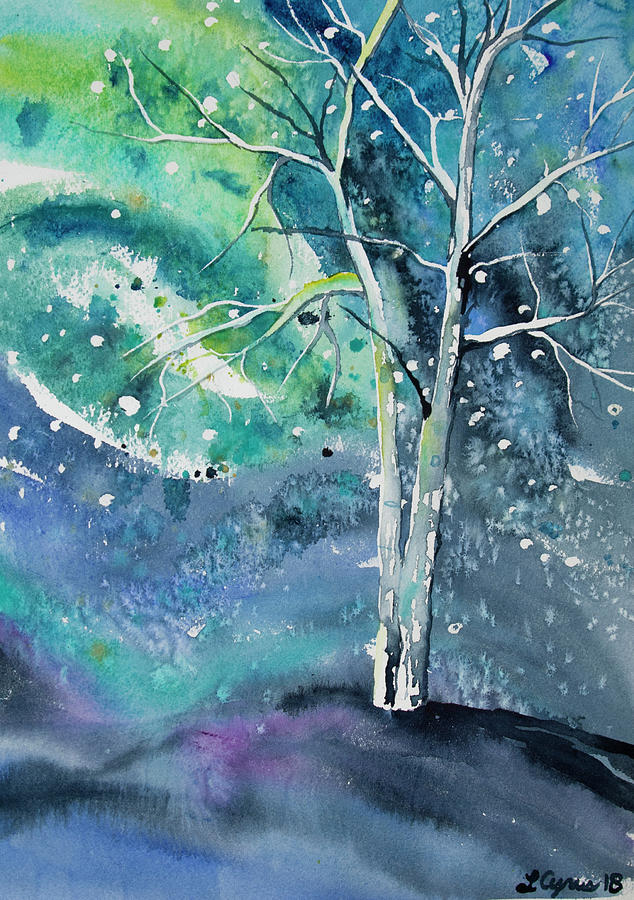 Watercolor - Tree on a Winter Night Painting by Cascade Colors