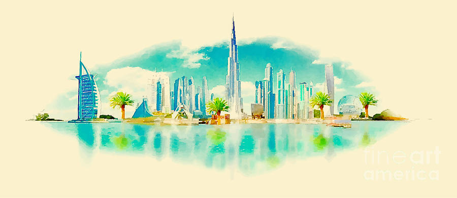 Gouache Digital Art - Watercolor Vector Panoramic Dubai by Trentemoller Gouache Digital Art - Watercolor Vector Panoramic Dubai by Trentemoller