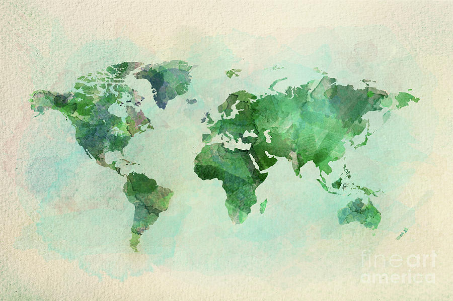 Watercolor vintage world map in green colors Photograph by Michal Bednarek