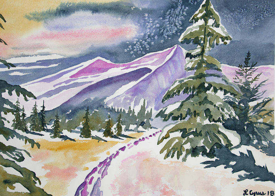 Watercolor - Winter Mountain Landscape Sunset Painting by Cascade Colors