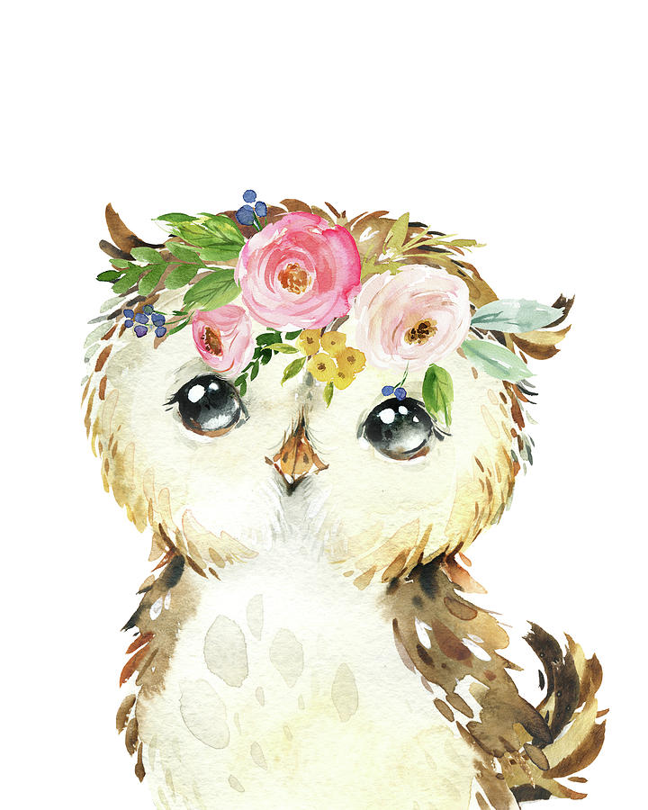 Owl Digital Art - Watercolor Woodland Owl Wall Art Print Tapestry by Pink Forest Cafe