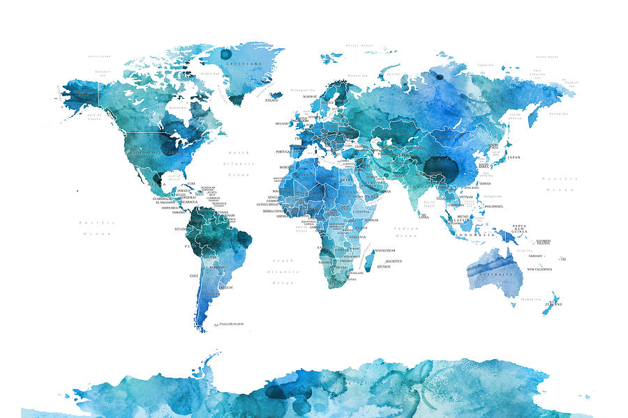 World Map Digital Art - Watercolour Political Map of the World Blue by Michael Tompsett
