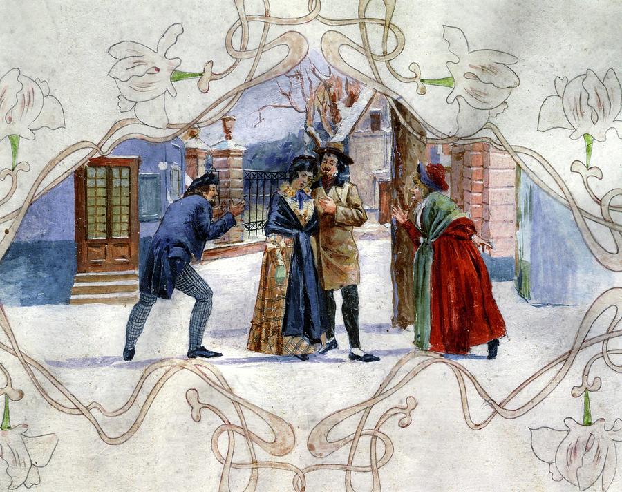Watercolour scene from opera La Boheme by G. Puccini 1900. Painting by Album