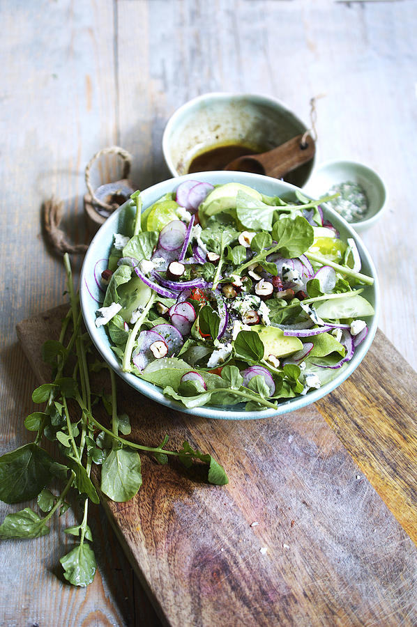 Watercress Salad With Roquefort, Avocado, Radish, Cucumber And Tomato