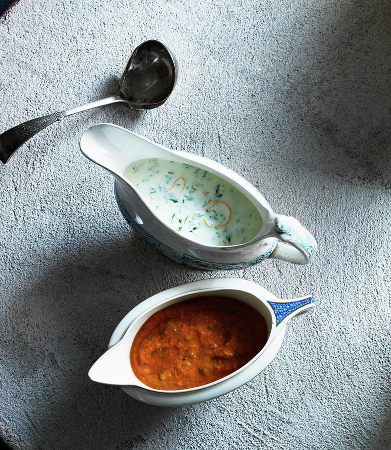 Watercress Sauce And Tomato Sauce In Gravy Boats Photograph by Karen Thomas