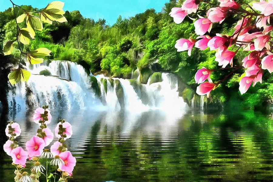 Waterfall Flowers Painting by Harry Warrick