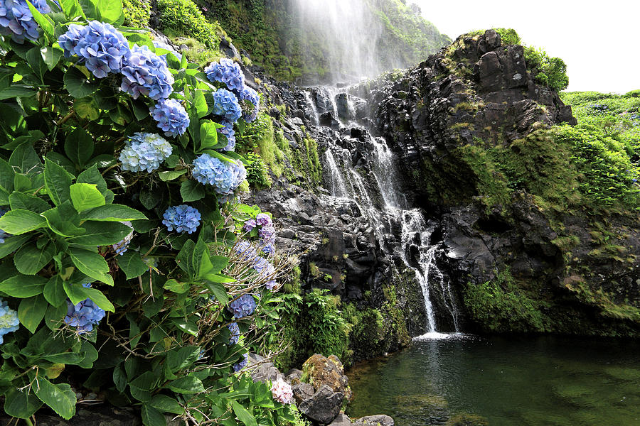 Waterfall In Azores, Portugal Digital Art by Gunter Grafenhain
