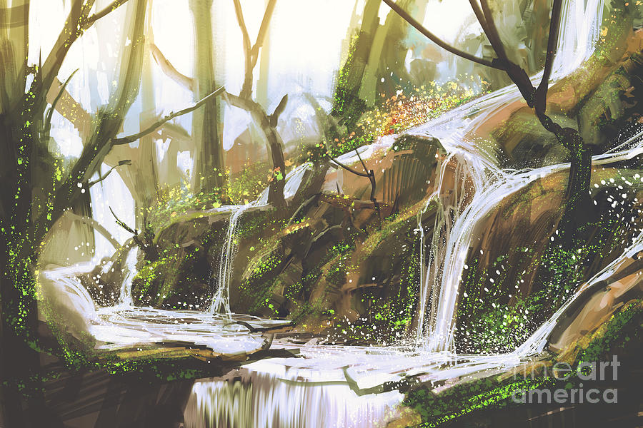 Forest Digital Art - Waterfall In Forest,illustration by Tithi Luadthong Forest Digital Art - Waterfall In Forest,illustration by Tithi Luadthong