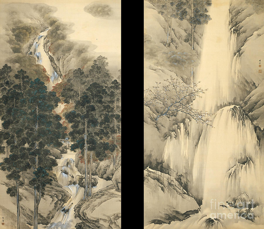 Waterfall In Spring And Autumn Set Drawing by Heritage Images
