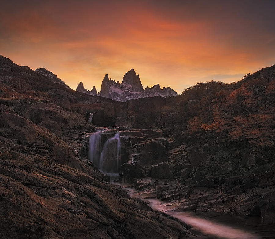 Mountain Photograph - Waterfall Sunset by Yan Zhang