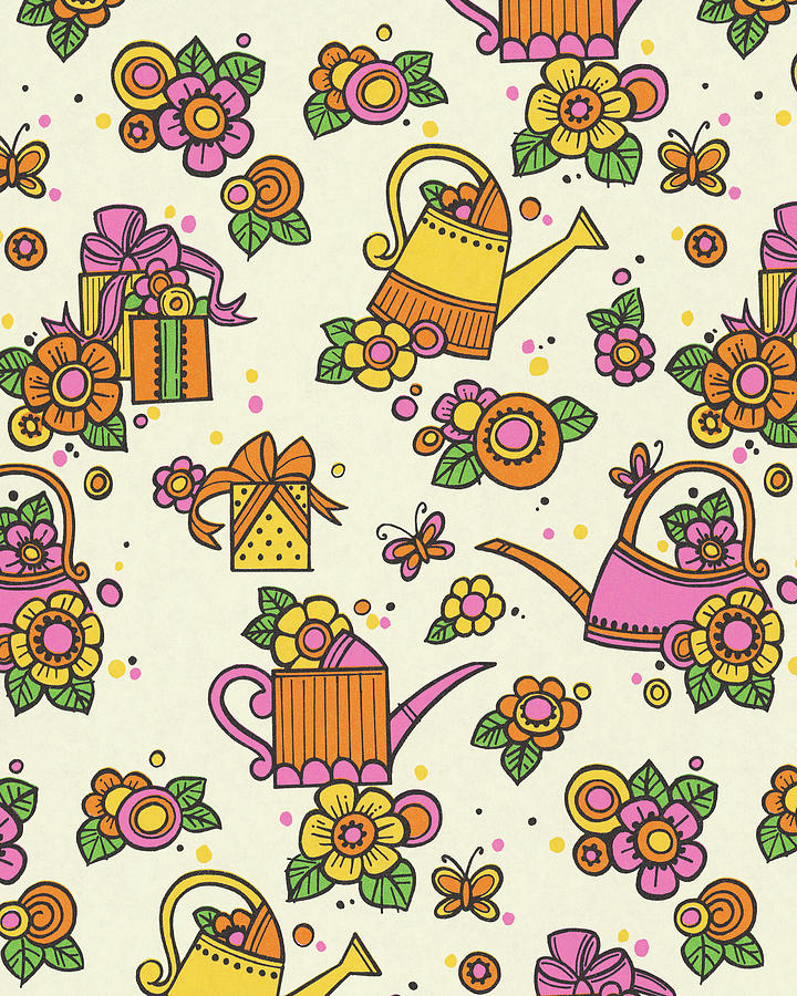 Butterfly Drawing - Watering Can and Flower Pattern by CSA Images
