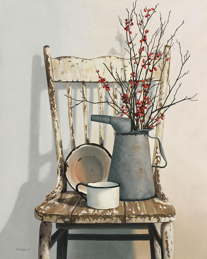 Watering Can On Chair Painting by Cecile Baird