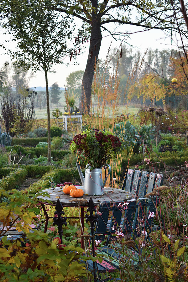 Watering Can With Autumn Flowers And Pumpkins On Table In Garden Photograph by Christin By Hof 9