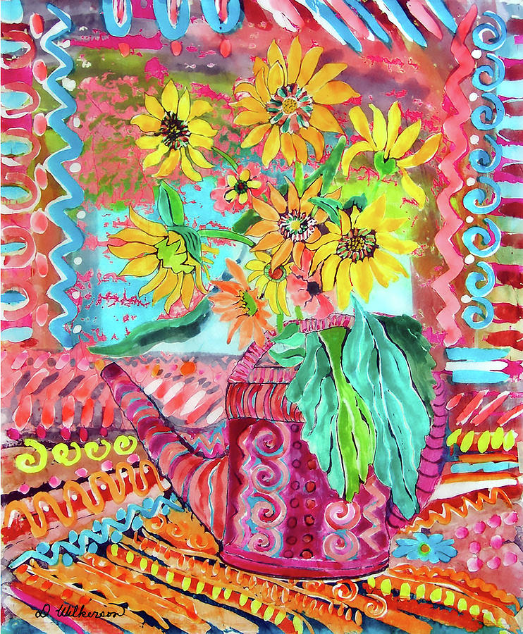 Floral Arrangement Mixed Media - Watering Can with Flowers by Darleen Wilkerson