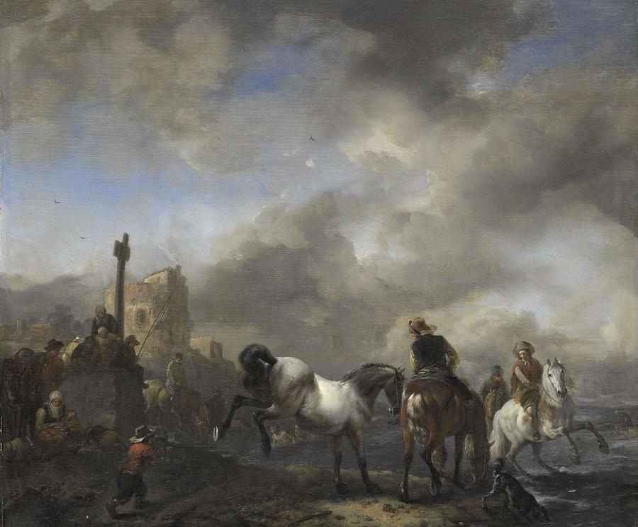 Watering Horses near a Boundary Marker. Painting by Philips Wouwerman -mentioned on object-