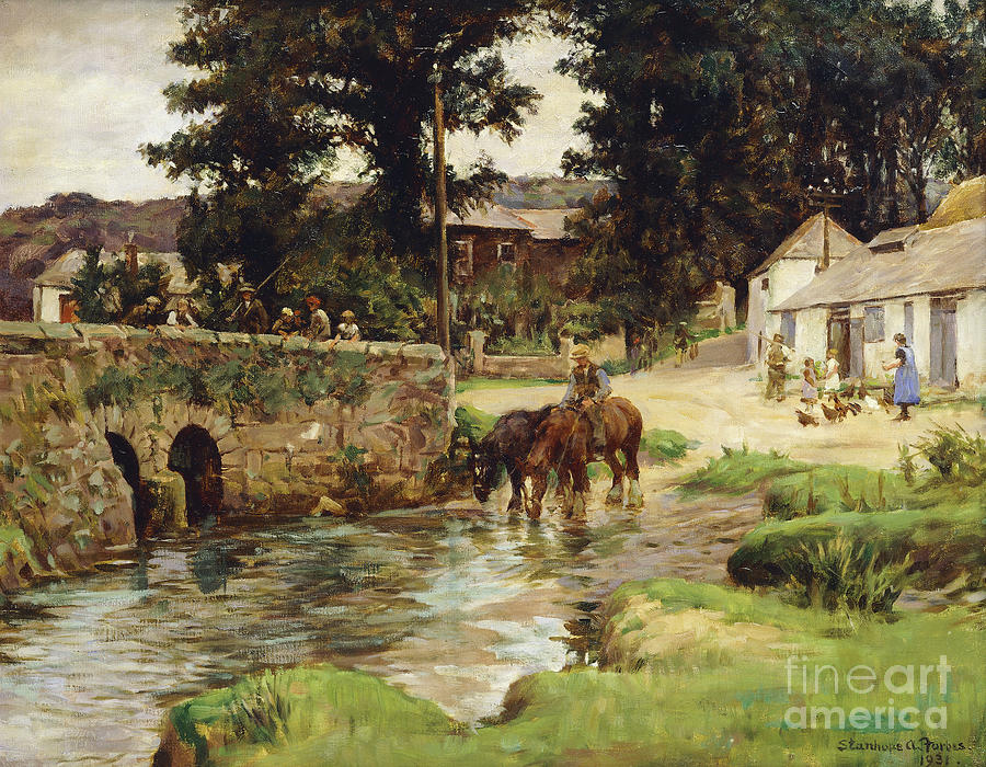 Watering The Horses In The Village Stream, 1931 Painting by Stanhope Alexander Forbes