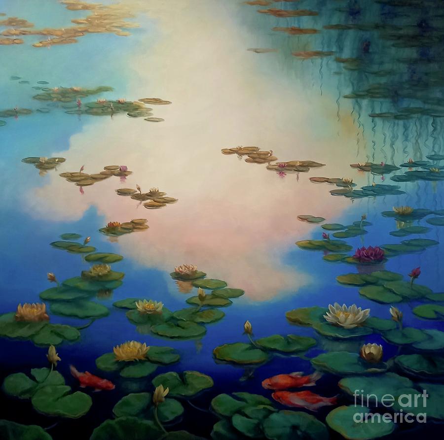Waterlilies And Goldfish Painting by Lee Campbell