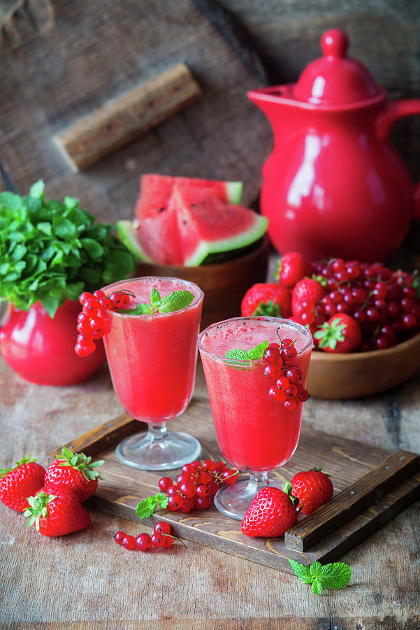Watermelon And Berry Smoothies Photograph by Irina Meliukh