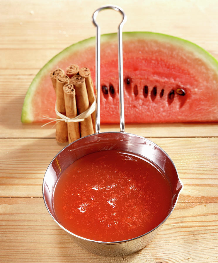Watermelon And Cinnamon Jelly In A Saucepan Photograph by Teubner Foodfoto