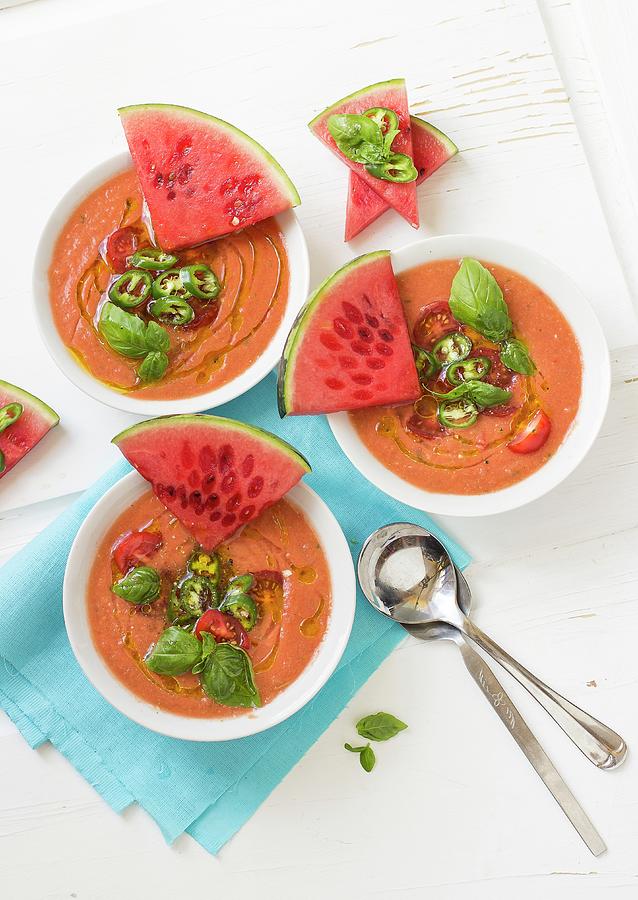 Watermelon And Tomato Gazpacho With Cherry Tomatoes, Chillis, Basil And Watermelon Slices Photograph by Zuzanna Ploch