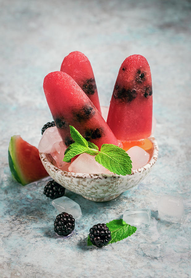 Watermelon Blackberry Popsicles In Bowl With Mint Photograph by Andrey Maslakov