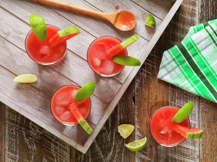 Watermelon Cocktails On A Rustic Wooden Tray Photograph by Don Crossland