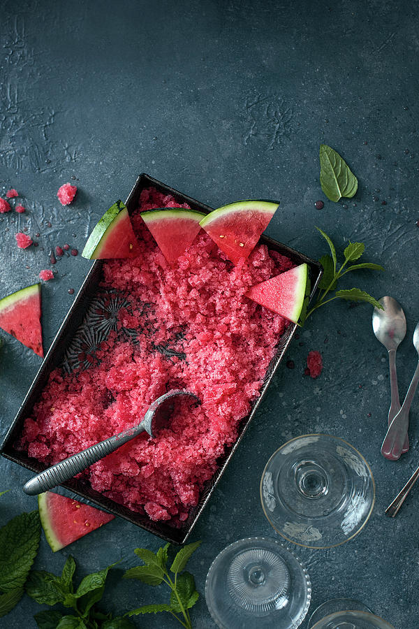 Watermelon Granita With Fresh Watermelon And Mint, View From Above Photograph by Magdalena Hendey