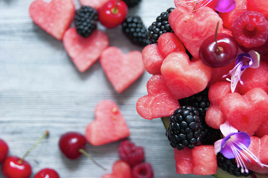 Watermelon Hearts, Cherries, Raspberries And Blackberries Photograph by Elena Ecimovic